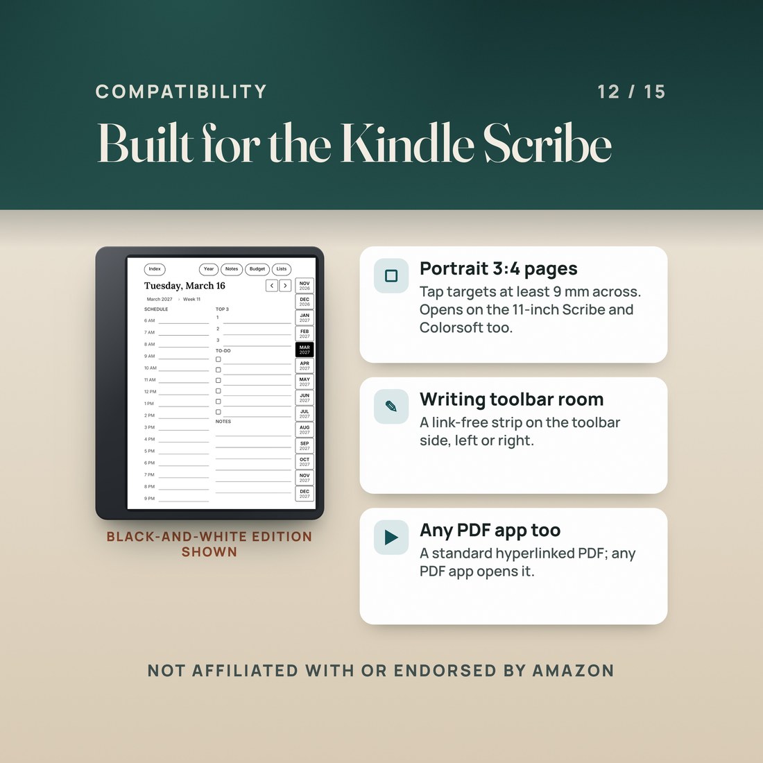 Compatibility: the black and white Tuesday, March 16 page on a tablet. Portrait 3:4 pages with tap targets at least 9 mm across, room for the writing toolbar on either side, and a standard hyperlinked PDF that any PDF app opens.