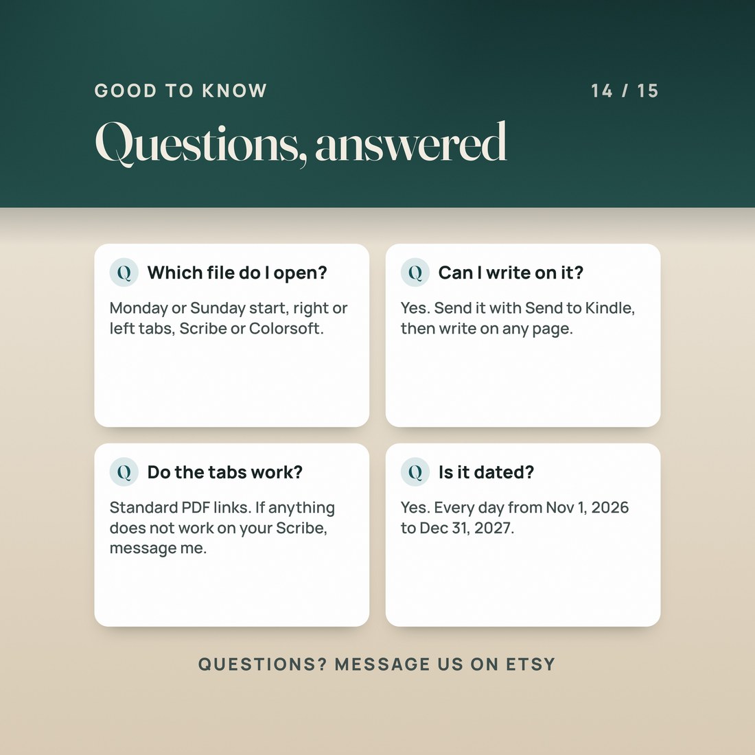 Questions answered: which file to open, whether you can write on it (yes, with Send to Kindle), whether the tabs work (standard PDF links; message me if anything does not), and that it is dated Nov 1, 2026 to Dec 31, 2027.