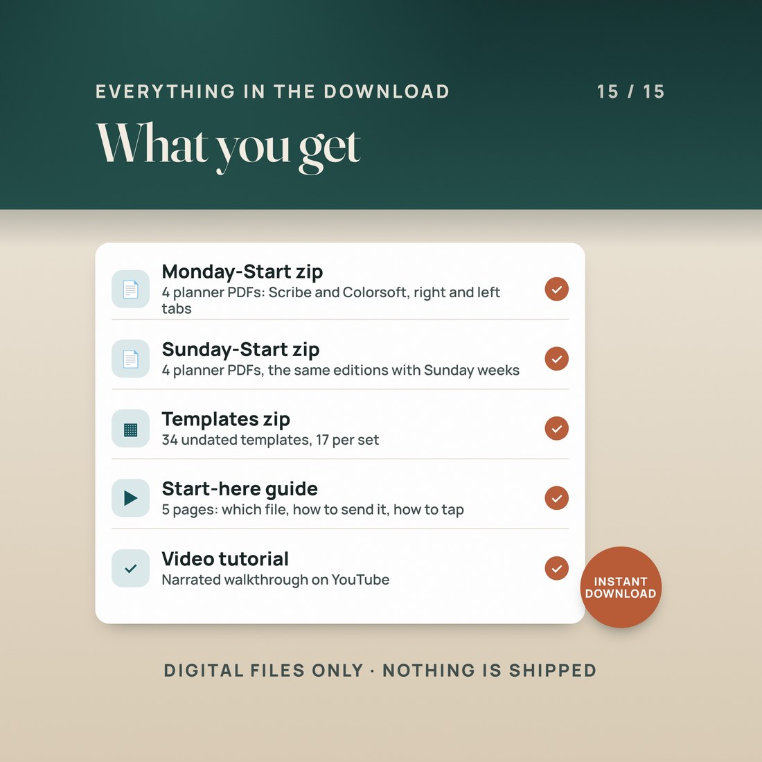 What you get: the Monday-Start zip with 4 planner PDFs, the Sunday-Start zip with 4, the Templates zip with 34 undated templates, the 5-page start-here guide and the narrated video tutorial on YouTube. Instant download, digital files only.