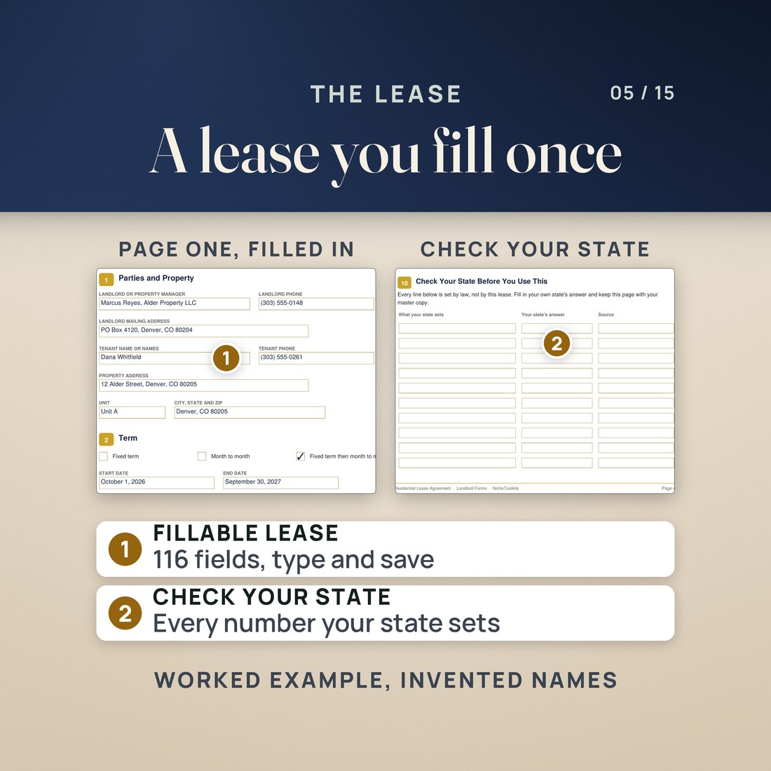 The residential lease: page one filled in with an invented worked example, beside the Check Your State page that lists every number your state sets. The fillable lease has 116 fields to type and save.