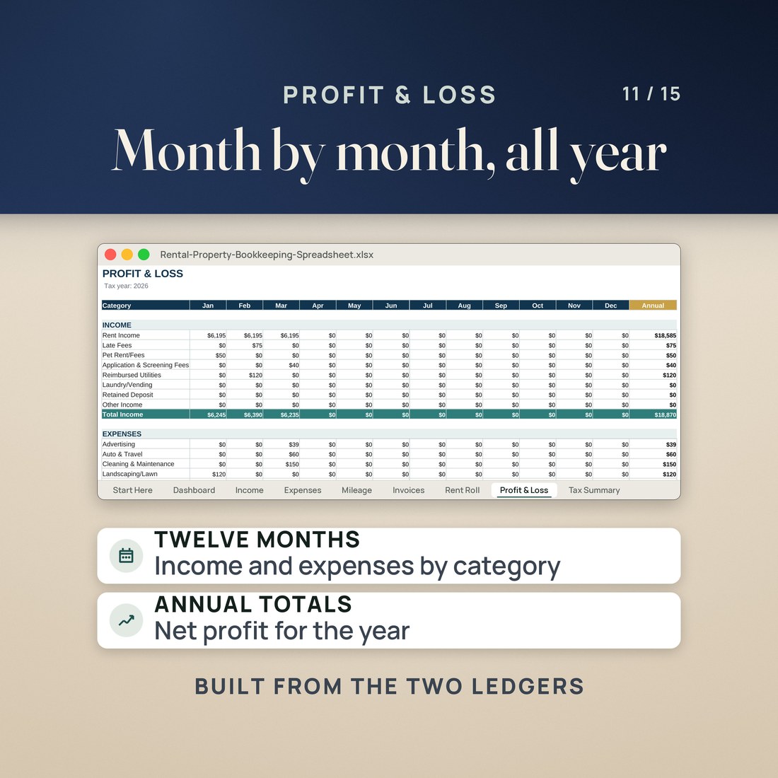 The Profit and Loss tab: income and expenses by category for every month of the year, with annual totals and the net profit for the year, built from the two ledgers.