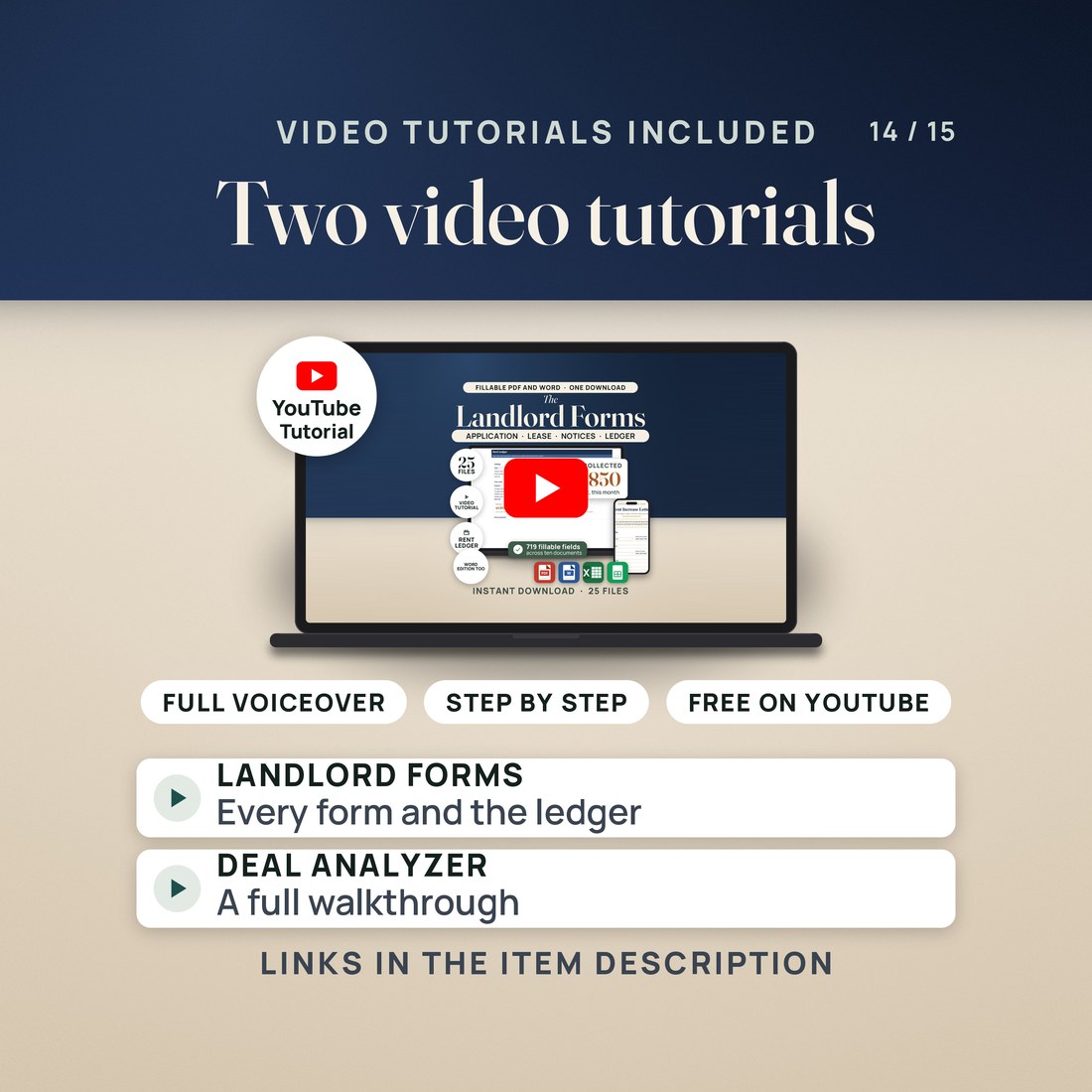Two free video tutorials on YouTube with full voiceover, step by step: the Landlord Forms tutorial covers every form and the ledger, and the Deal Analyzer tutorial is a full walkthrough.