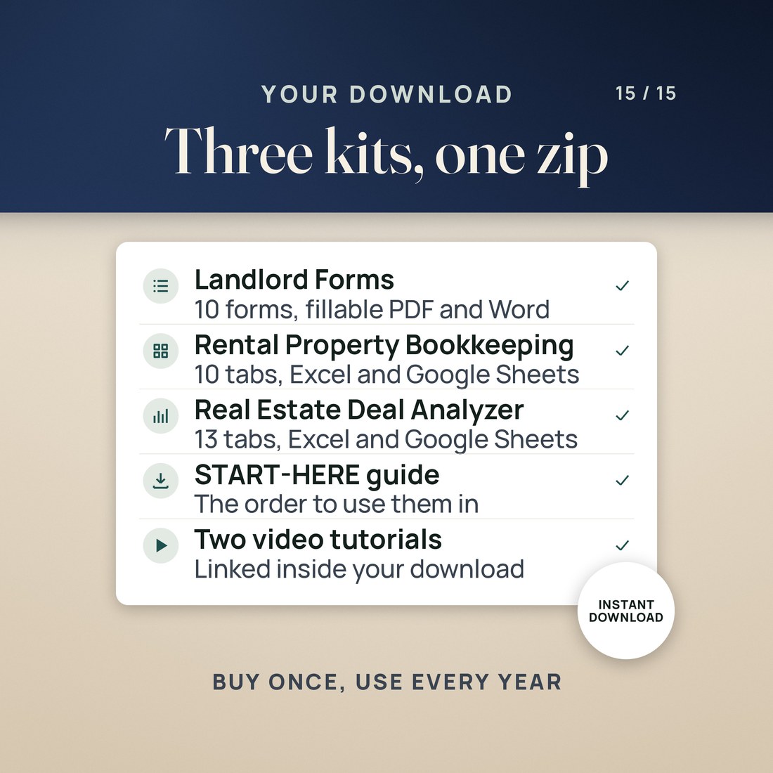 Your download, three kits in one zip: Landlord Forms with 10 forms in fillable PDF and Word, Rental Property Bookkeeping with 10 tabs, the Real Estate Deal Analyzer with 13 tabs, a START-HERE guide and two video tutorials.