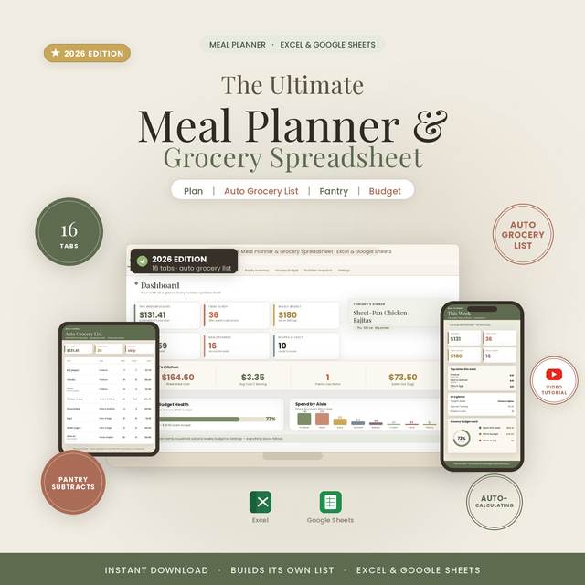 Meal Planner & Grocery List — Spreadsheet System by NicheToolkits