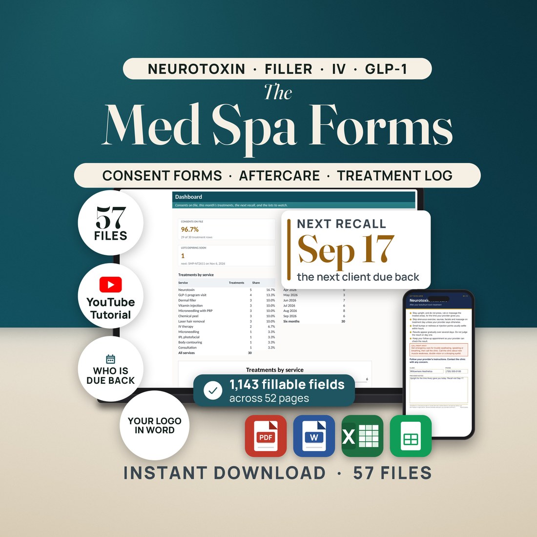 Hero image for The Med Spa Forms. A laptop shows the real Dashboard tab of the treatment record workbook: 96.7% consents on file, 1 lot expiring soon and the treatments by service table, with a callout for the next recall, Sep 17.