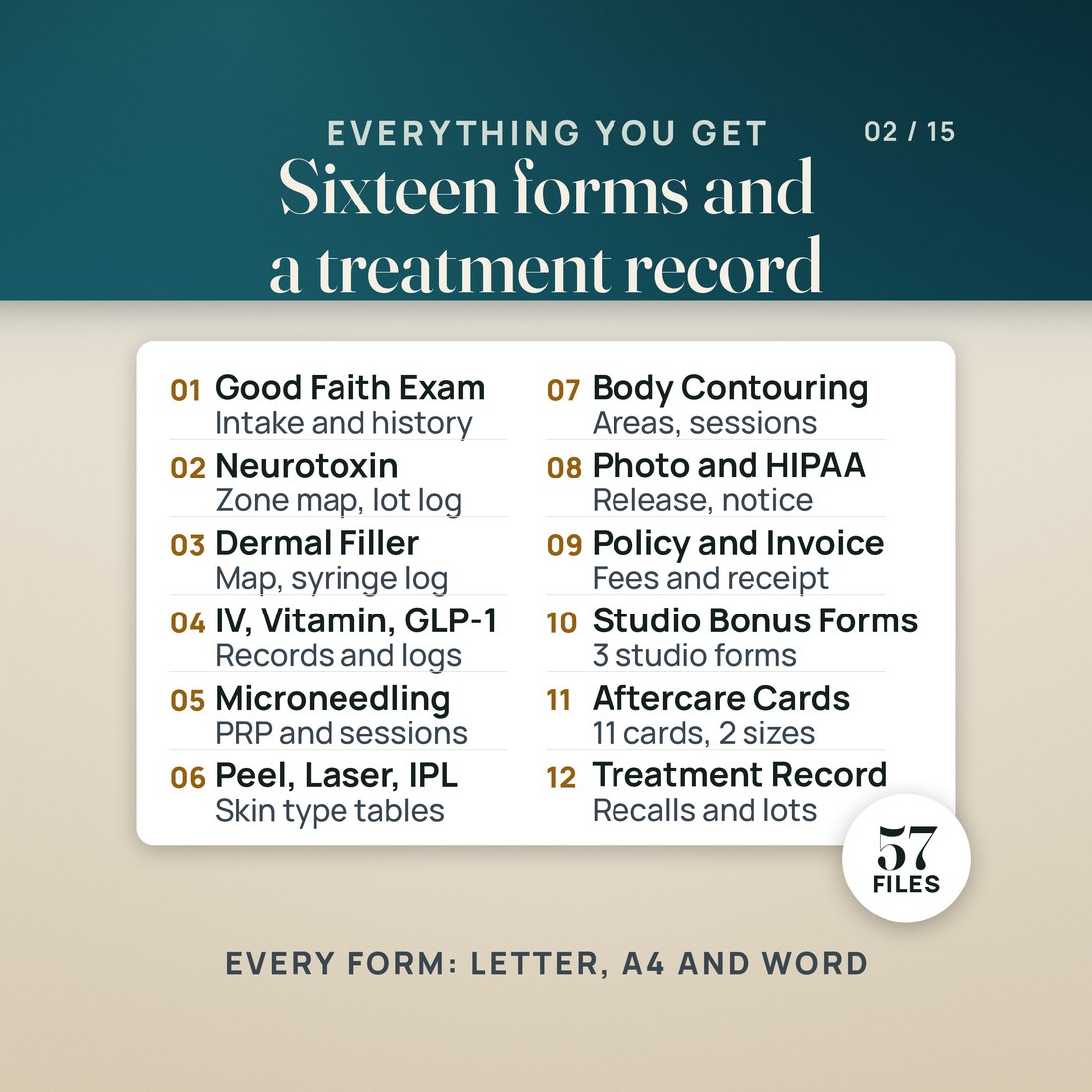 What's inside, as a list of twelve: intake and history, neurotoxin, filler, IV, vitamin and GLP-1 records, microneedling, peel, laser and IPL, body contouring, photo and HIPAA forms, policy and invoice, bonus forms, aftercare cards and the workbook.