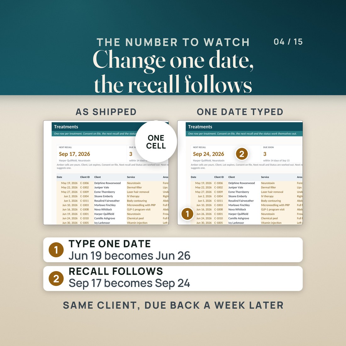 Two real renders of the Treatments tab. For Harper Quillfield, an invented client, a Jun 19, 2026 treatment shows NEXT RECALL Sep 17, 2026. With that one date typed as Jun 26, 2026, it reads Sep 24, 2026.