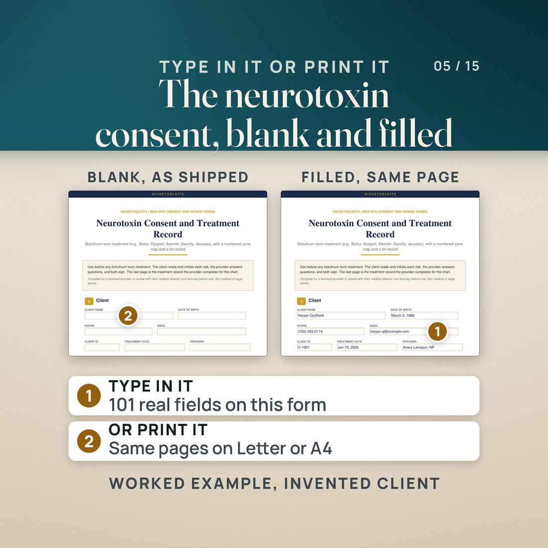 Page 1 of the Neurotoxin Consent and Treatment Record, blank as shipped beside the same page filled in for an invented client: name, date of birth, phone, email, client ID, treatment date Jun 19, 2026 and provider.