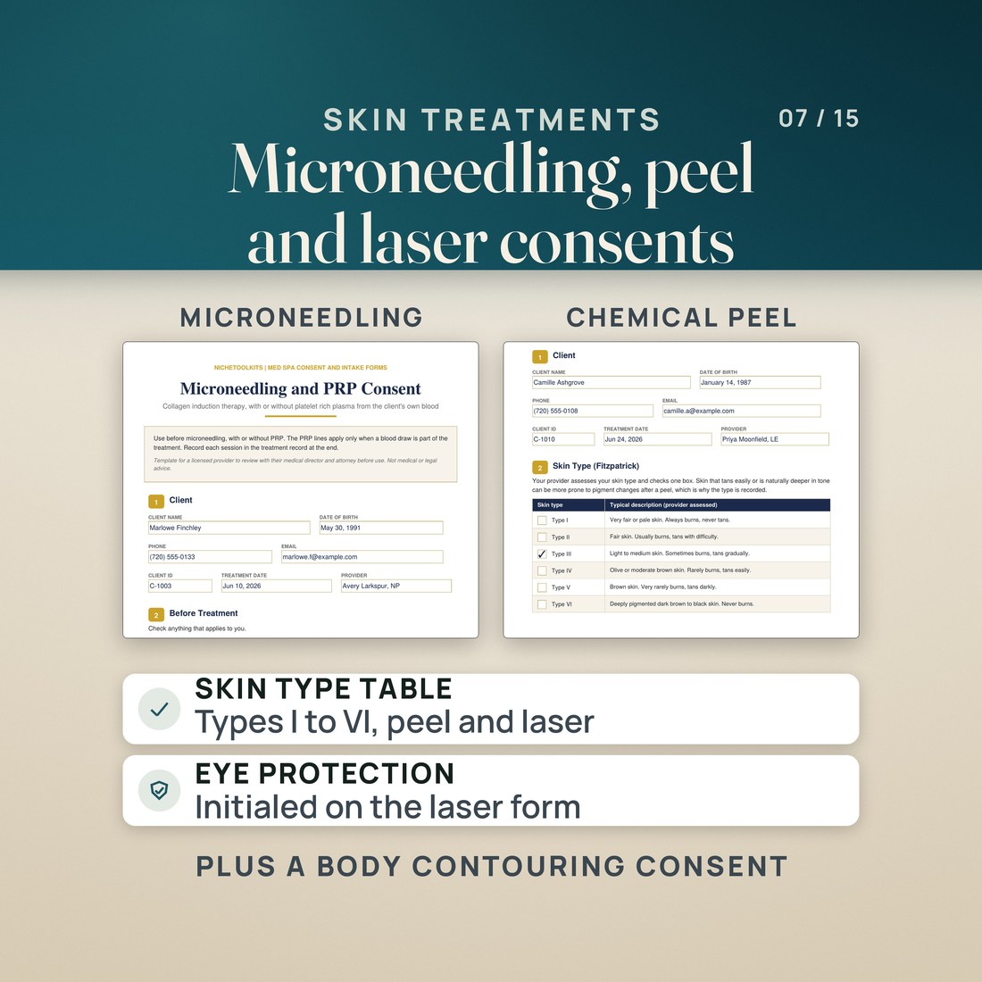 Two consent pages: the Microneedling and PRP Consent with its client section, and the Chemical Peel Consent with a Fitzpatrick skin type table, types I to VI with one check box each, filled for an invented client.