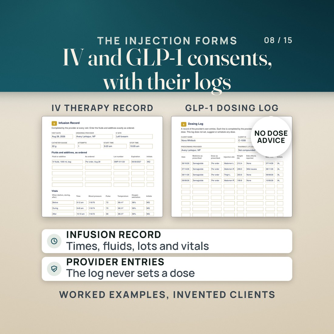 The IV therapy infusion record, filled with visit details, fluids with lot and expiration and a vitals grid, beside the GLP-1 dosing log, where the dose column reads per order. A seal reads no dose advice. Invented clients.