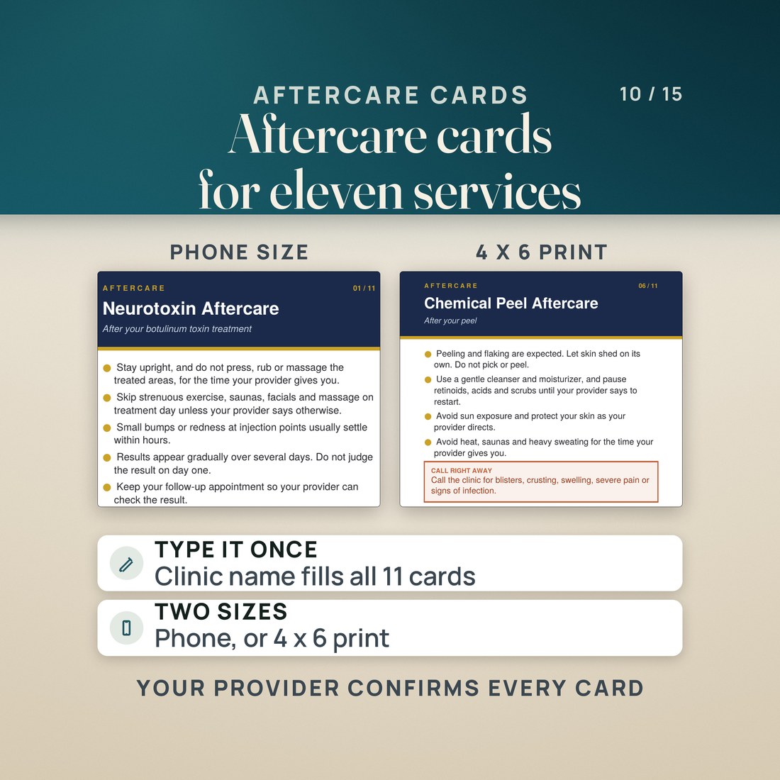 Two aftercare cards from the set of eleven: the phone-size Neurotoxin Aftercare card and the 4 x 6 Chemical Peel Aftercare card, each with care points and a call right away box.