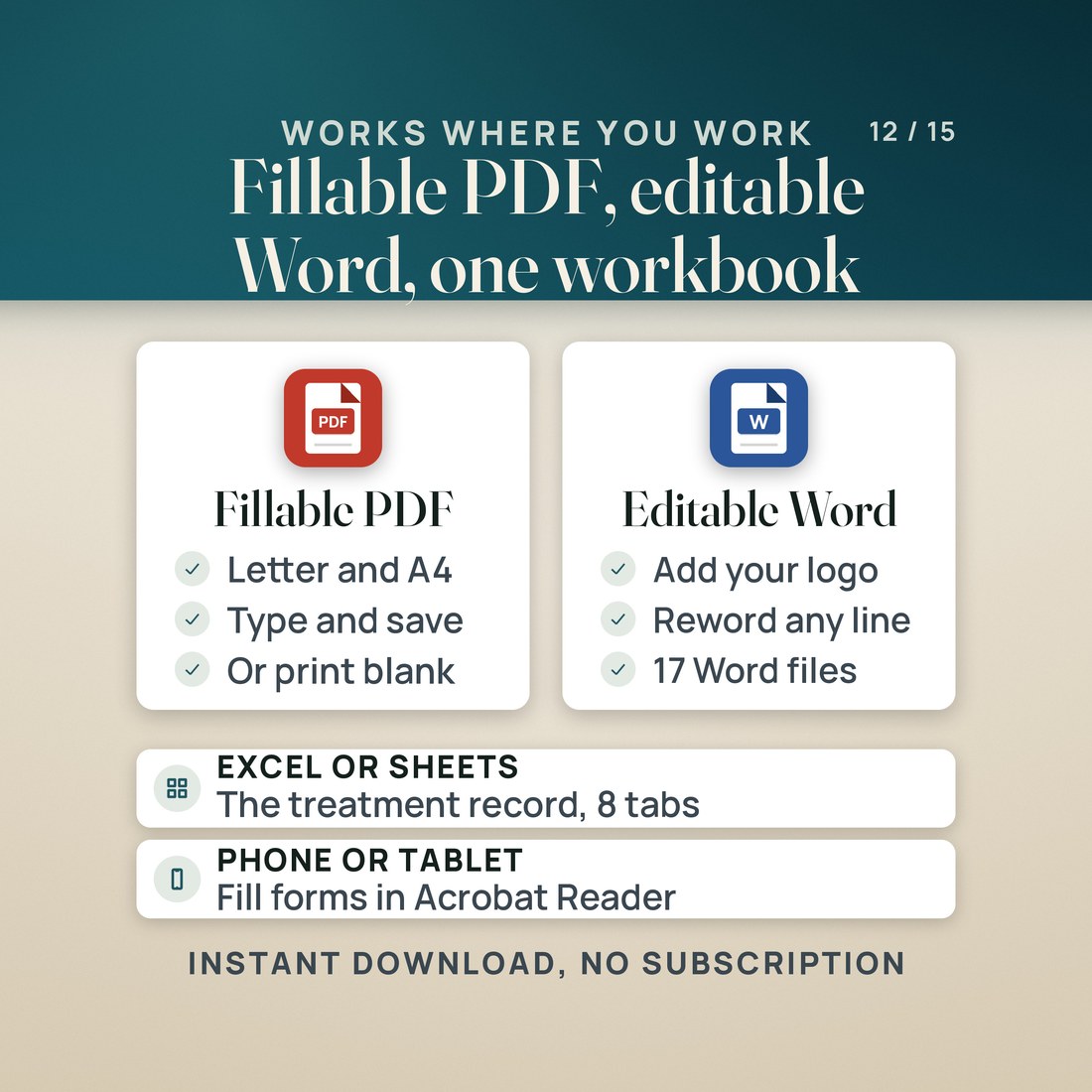 Formats. A fillable PDF card lists Letter and A4, type and save, or print blank. An editable Word card lists add your logo, reword any line, and 17 Word files.