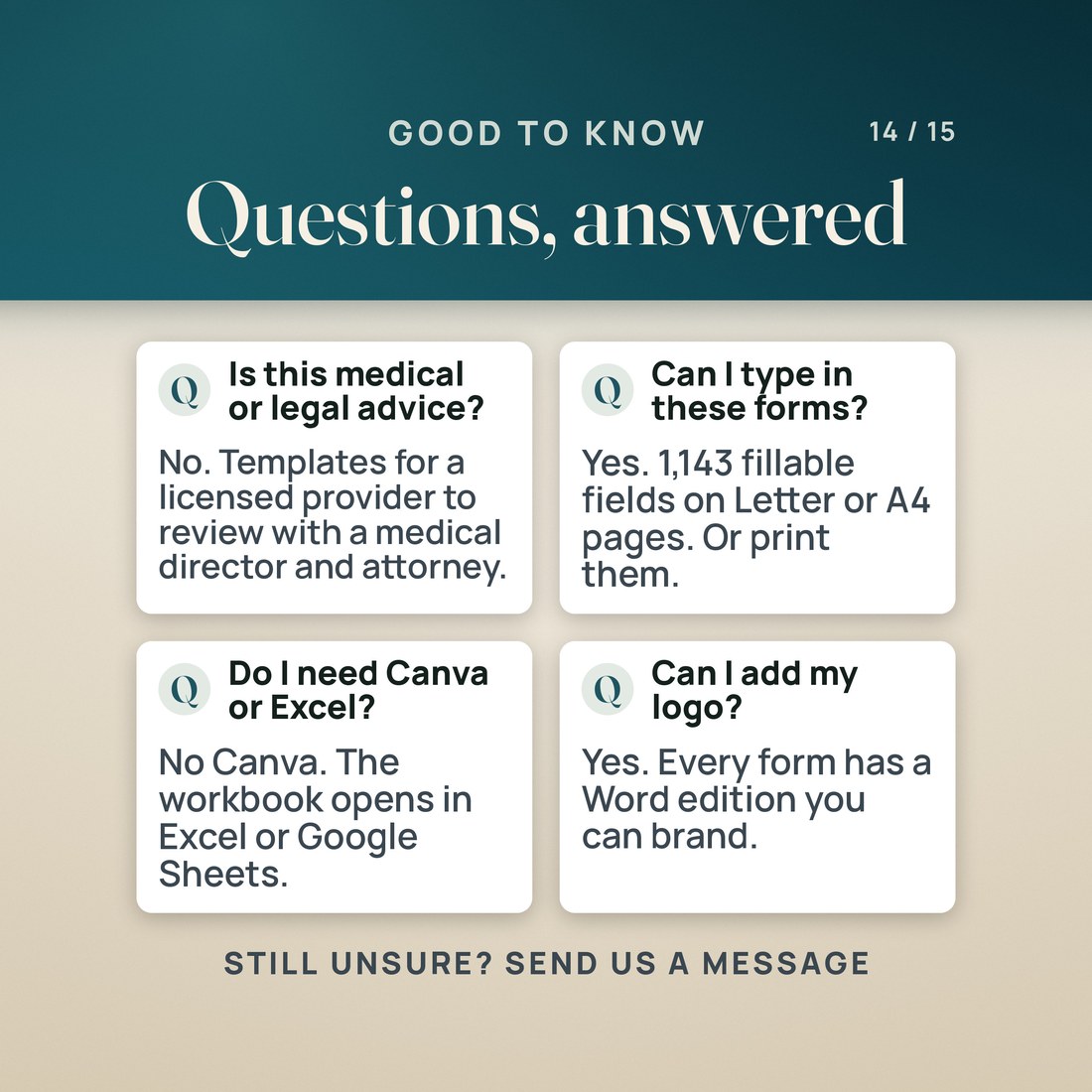 Four questions answered. Is this medical or legal advice? No, templates for a licensed provider to review with a medical director and attorney. Can I type in these forms? Yes, 1,143 fillable fields on Letter or A4 pages, or print them.