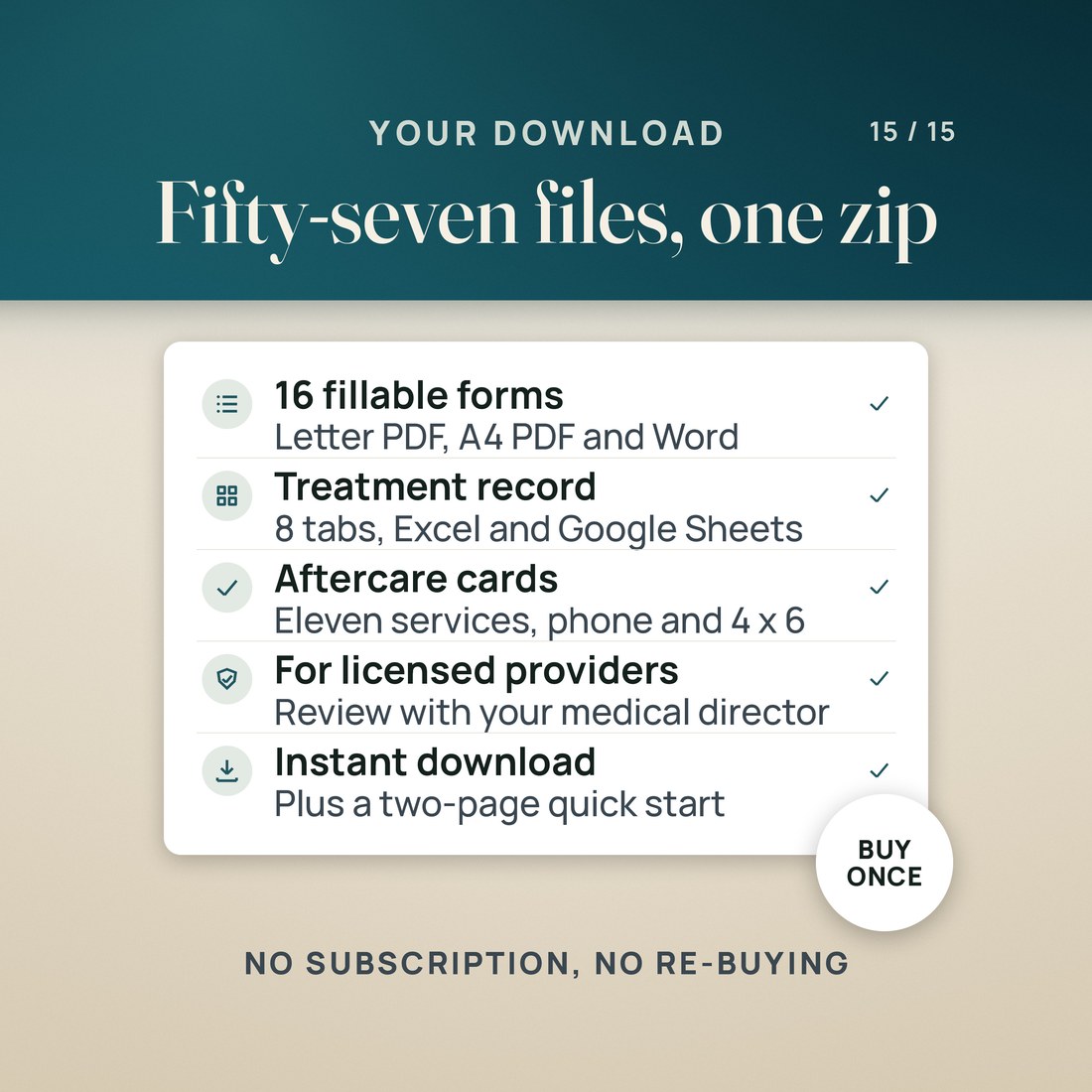 What you get in one zip of 57 files: 16 fillable forms as Letter PDF, A4 PDF and Word, the 8-tab treatment record workbook, aftercare cards for eleven services in two sizes, and a two-page quick start. A seal reads buy once.