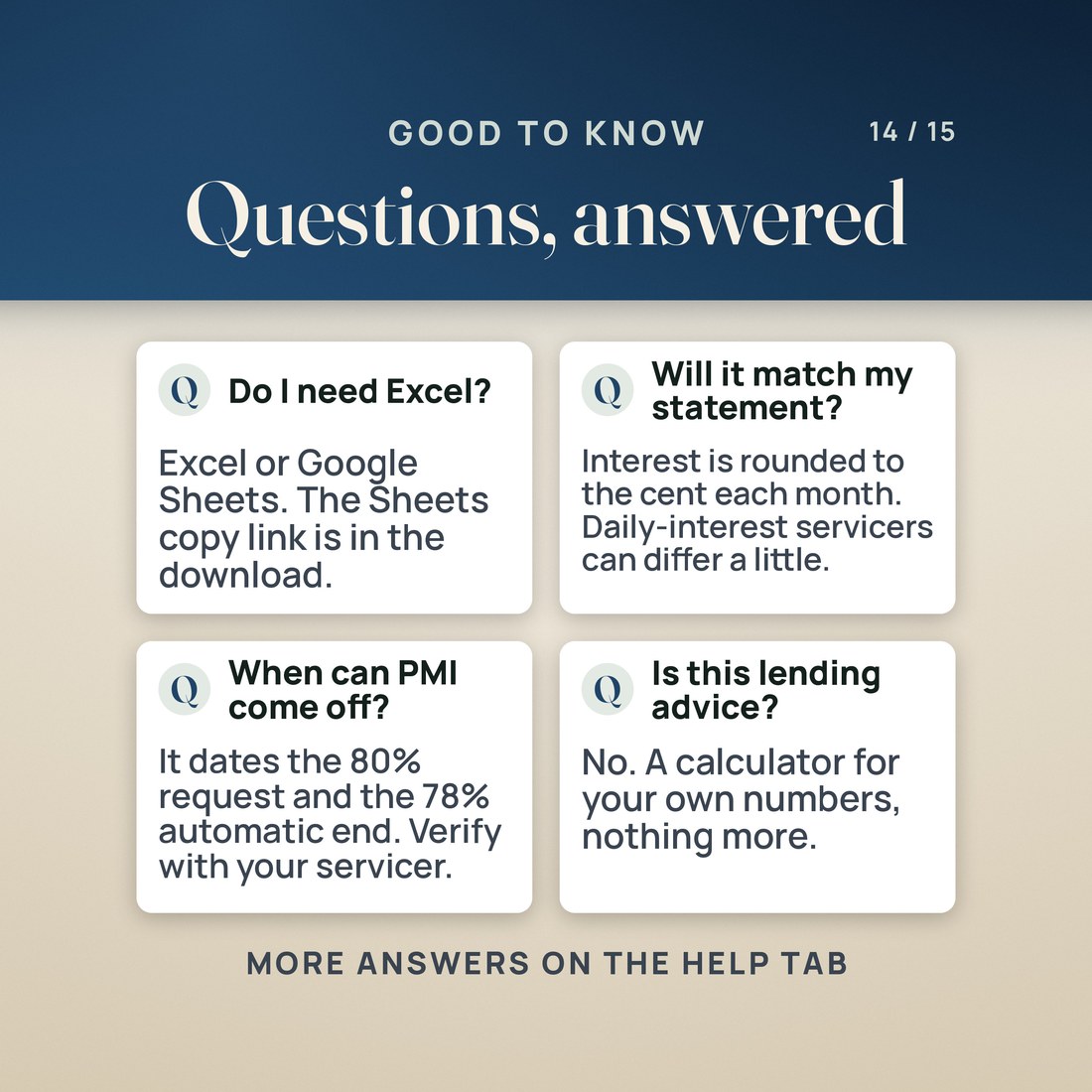 Four questions answered: it opens in Excel or Google Sheets; interest is rounded to the cent each month, so a daily-interest servicer can differ a little; it dates the 80% and 78% PMI points; and it is a calculator, not lending advice.