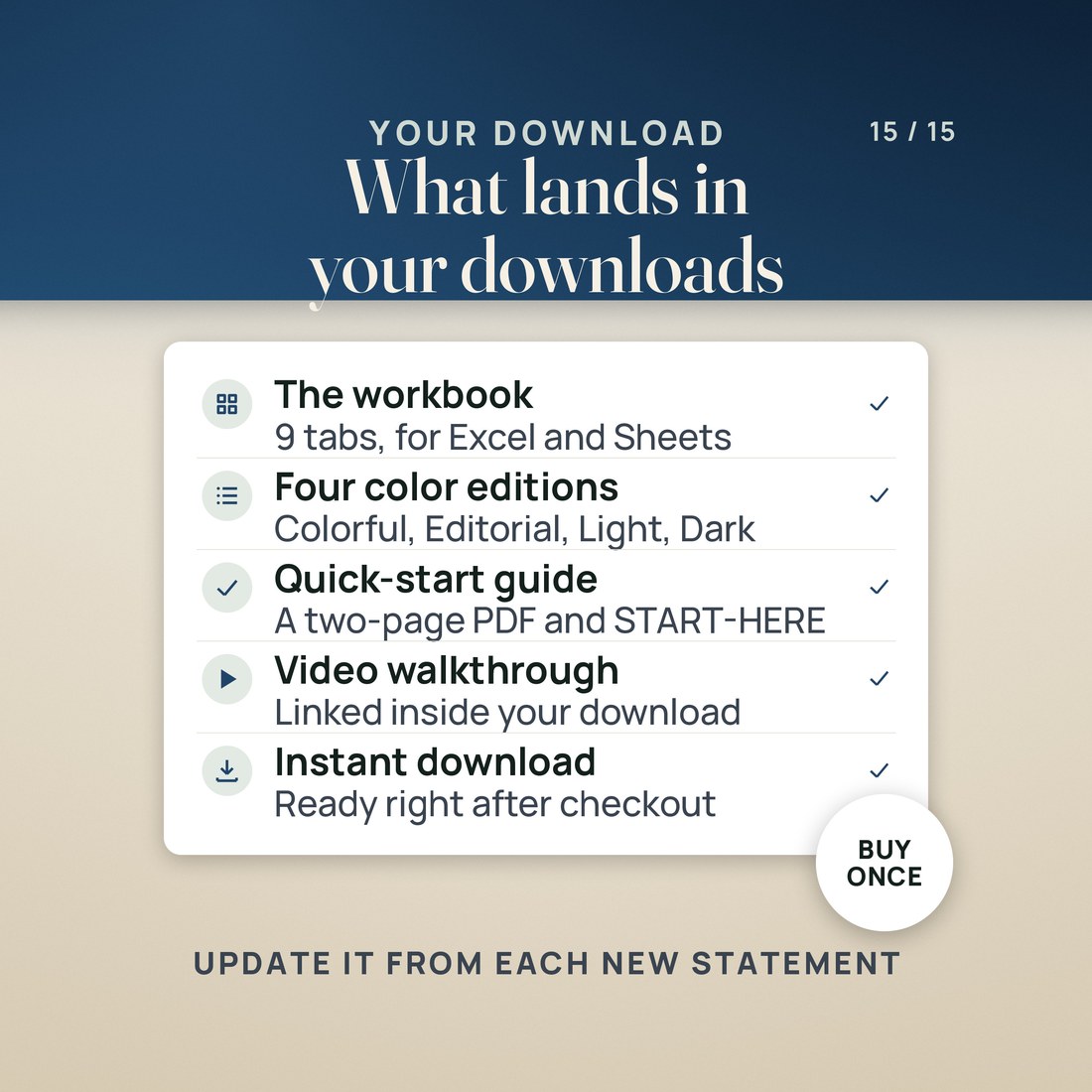 What you get: the 9-tab workbook for Excel and Google Sheets in four color editions (Colorful, Editorial, Light and Dark), a two-page quick-start PDF, a START-HERE file and a video walkthrough linked inside, as an instant download.