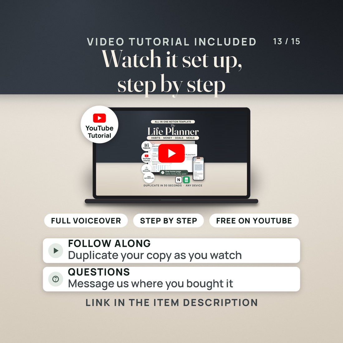 Video tutorial included: a laptop plays the YouTube tutorial whose thumbnail is this listing's hero image. Pills read full voiceover, step by step and free on YouTube. Rows say follow along and duplicate your copy as you watch.