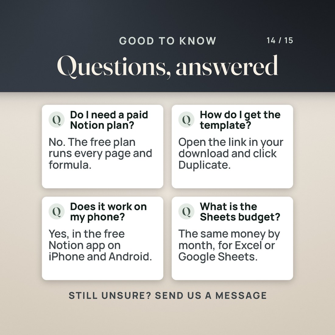 Questions answered: a paid Notion plan is not needed, the free plan runs every page and formula; you get the template from the link in your download by clicking Duplicate; it works in the free Notion app on your phone.