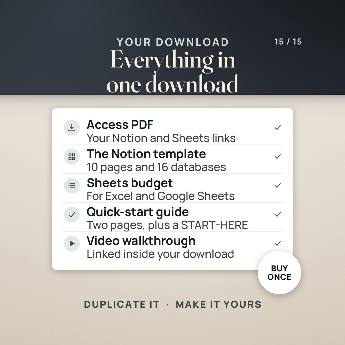 Everything in one download: an access PDF with your Notion and Sheets links, the Notion template with 10 pages and 16 databases, the Sheets budget for Excel and Google Sheets, a two-page quick-start guide plus START-HERE.
