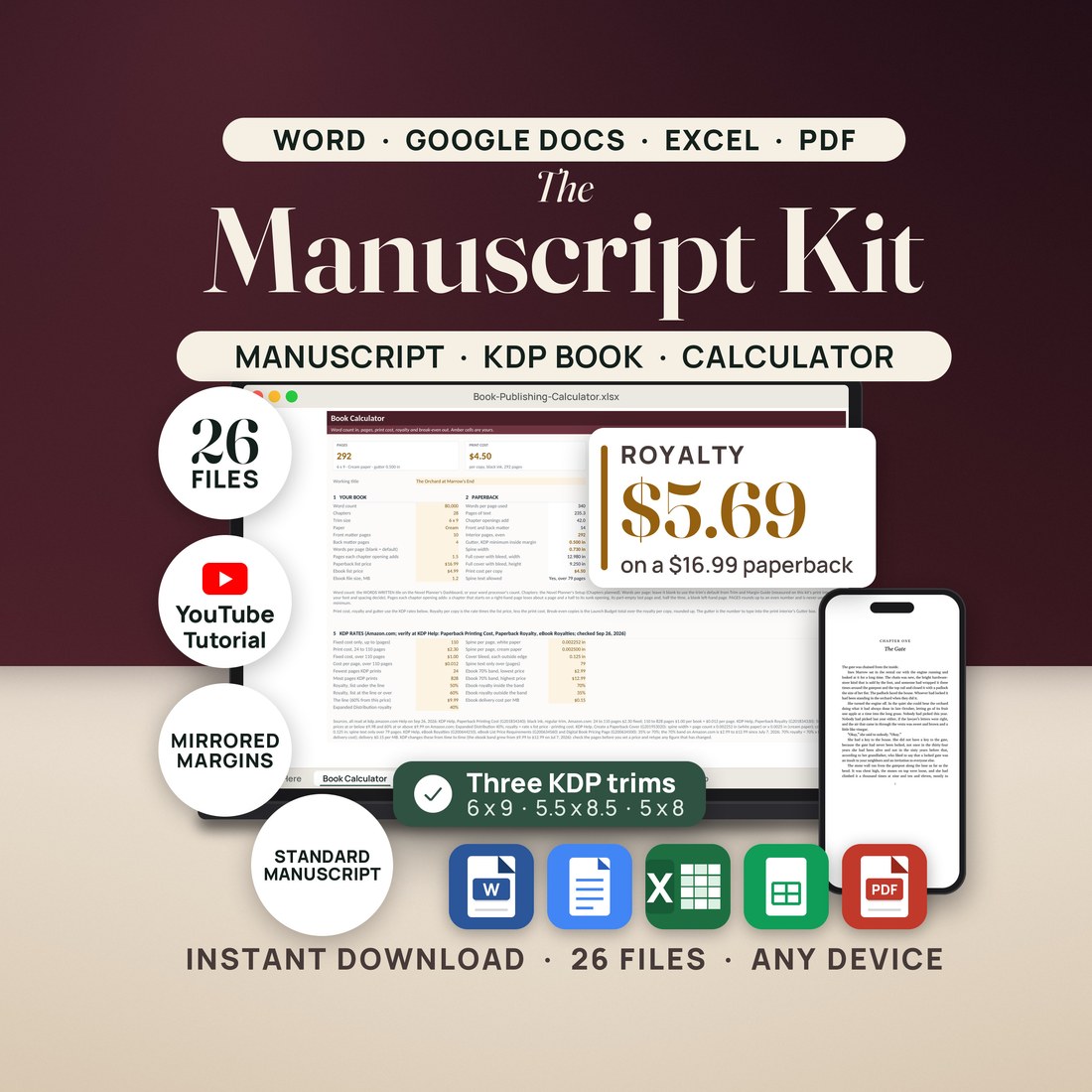 Hero for the Manuscript Kit: a laptop shows the Book Calculator tab with 292 pages, a $4.50 print cost and a $5.69 royalty on a $16.99 paperback, and a phone shows the Chapter One opener of the 6 x 9 KDP interior. 26 files.