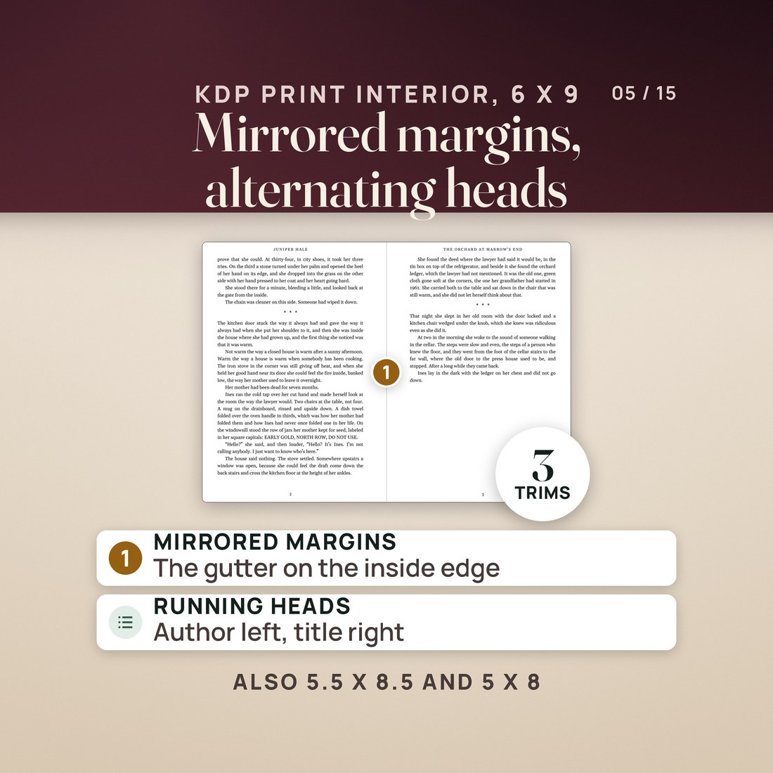 A real two-page spread of the 6 x 9 KDP interior, Chapter One pages 2 and 3: mirrored margins with the wider gutter inside, the author's name as the left running head and the title on the right. Also 5.5 x 8.5 and 5 x 8.