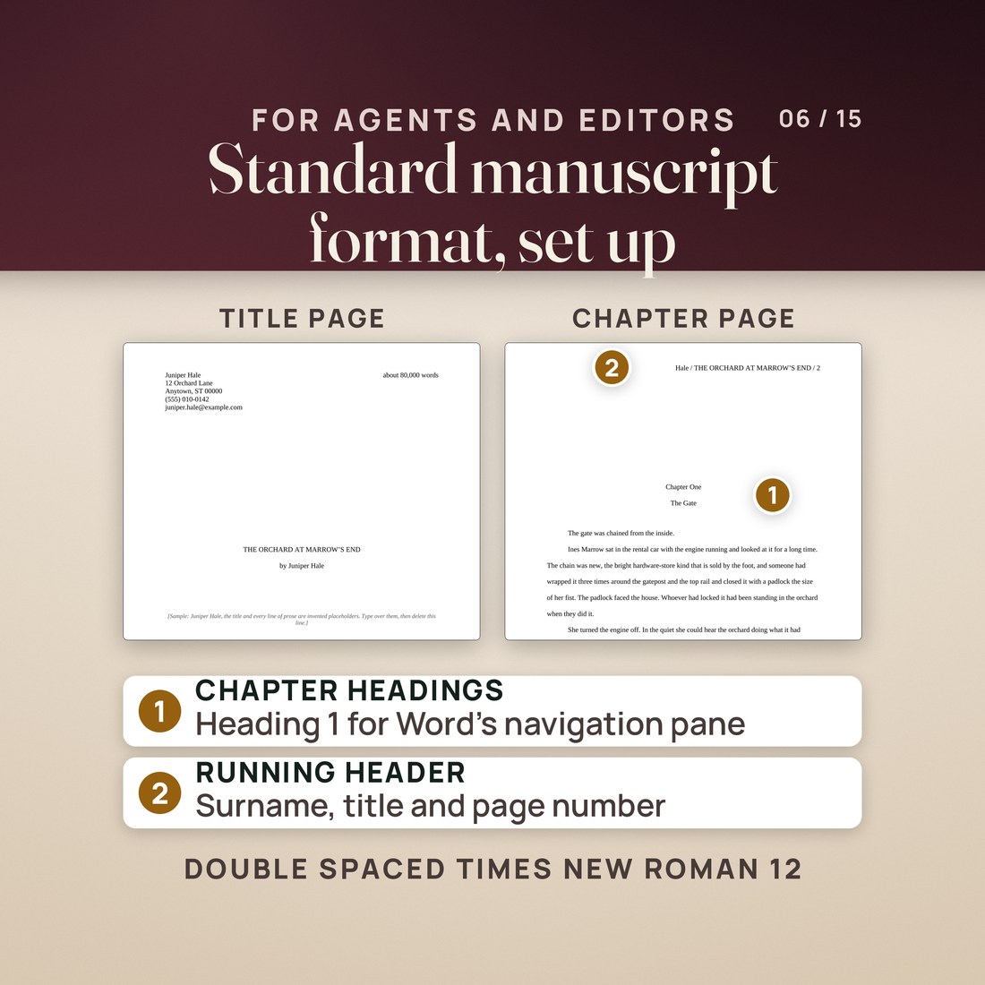Standard manuscript format: the title page with the contact block, word count, title and byline, beside a chapter page with the surname, title and page number header and a Heading 1 chapter. Times New Roman 12, double spaced.