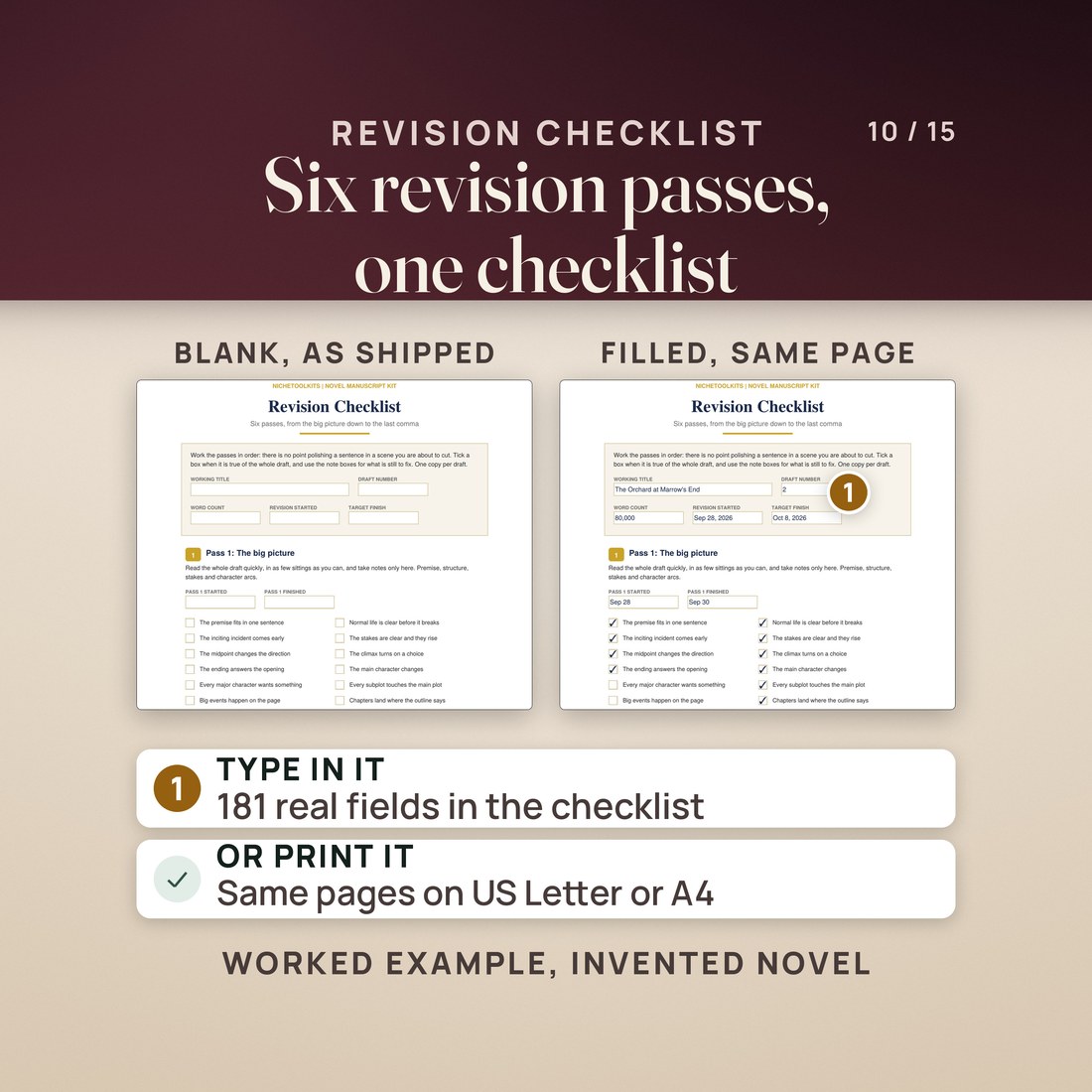 Page 1 of the fillable Revision Checklist, blank as shipped beside the same page filled with an invented example: working title, draft number, word count, dates and the first pass checked. 181 fields on US Letter and A4, or print it.