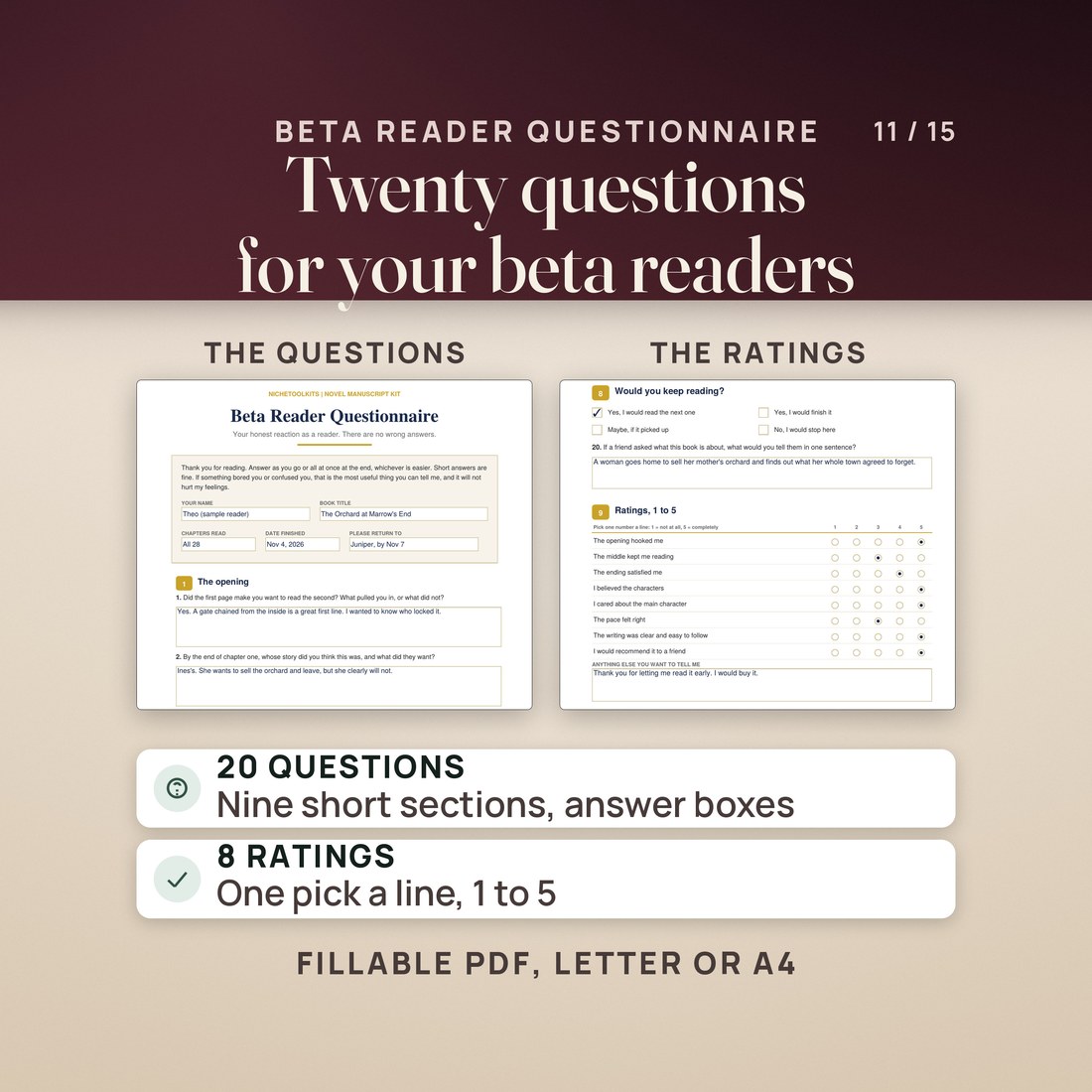 The Beta Reader Questionnaire: page 1 with the reader's details and first answers, and the last page with the keep-reading question and eight 1 to 5 ratings. 20 questions in nine short sections, a fillable PDF on Letter or A4.