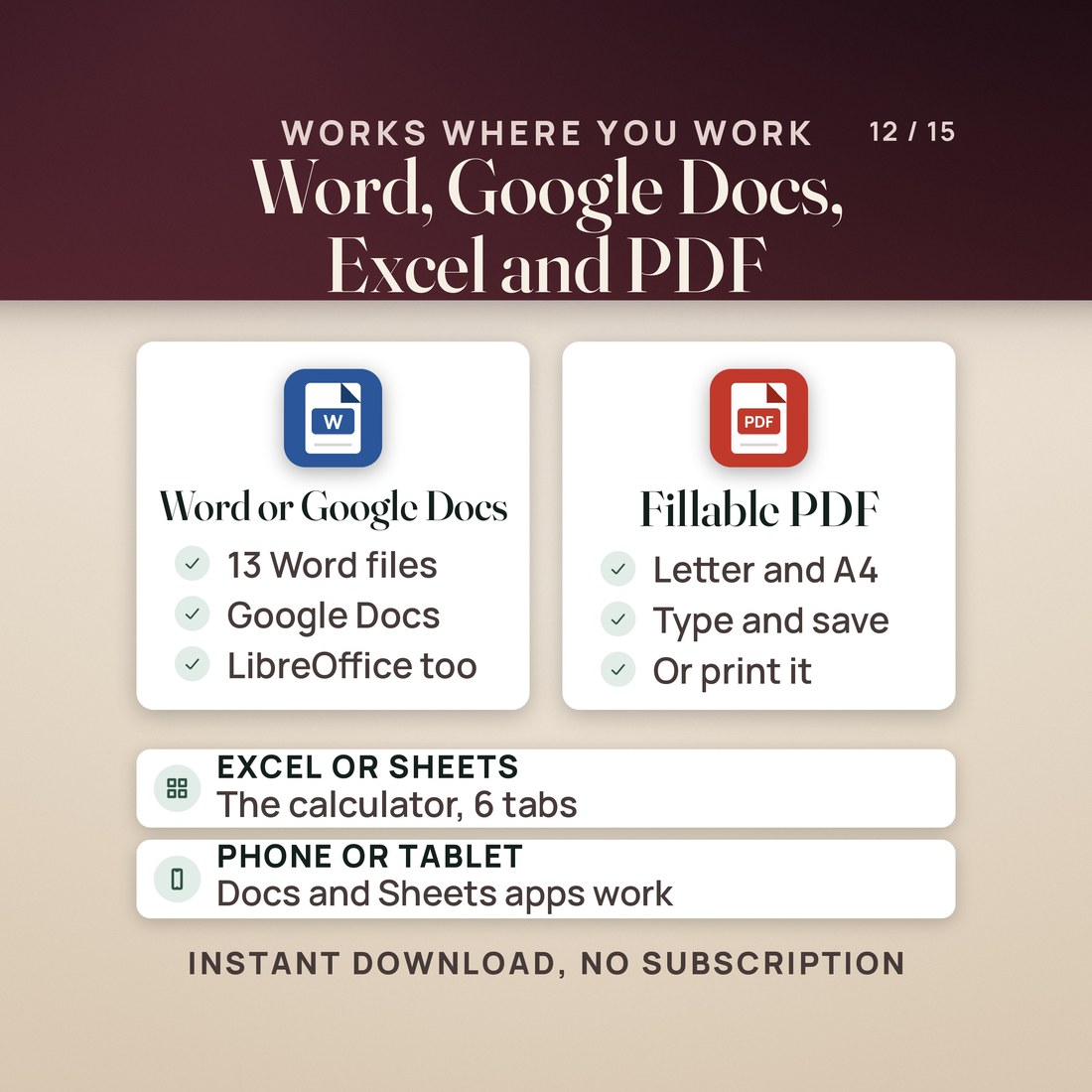 Where it works: the manuscript and pages in Word or Google Docs, 13 Word files, LibreOffice too; the forms as fillable PDFs on Letter and A4; the calculator in Excel or Google Sheets with 6 tabs, on a computer, phone or tablet.