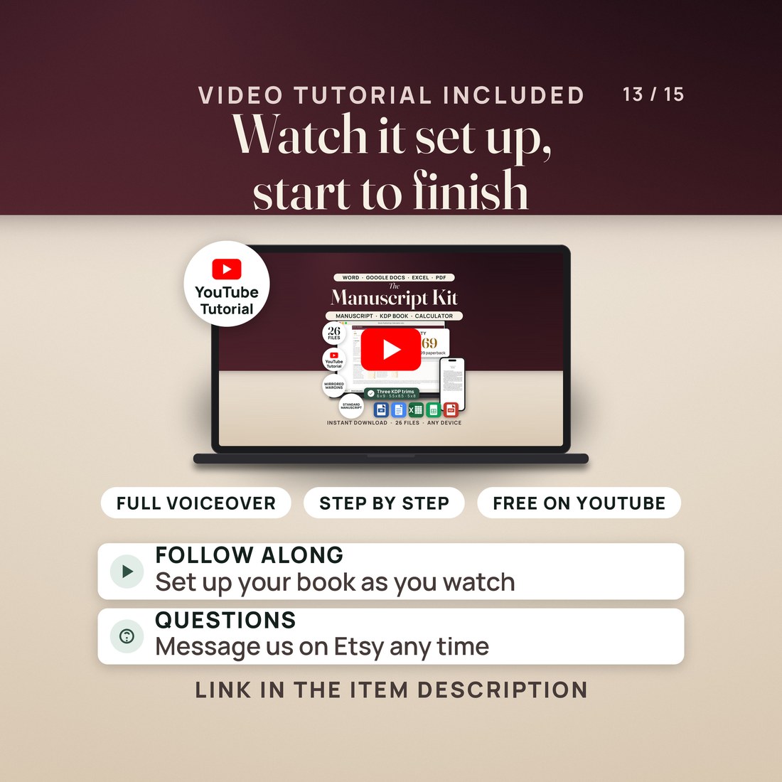 Video tutorial pane: a laptop shows the tutorial thumbnail with a play button and a YouTube seal, with pills reading full voiceover, step by step and free on YouTube.