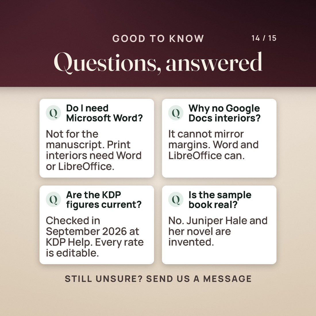 Four questions answered: Word is not needed for the manuscript, but the print interiors need Word or LibreOffice; Google Docs cannot mirror margins; the KDP figures were checked in September 2026 and are editable; the sample is invented.
