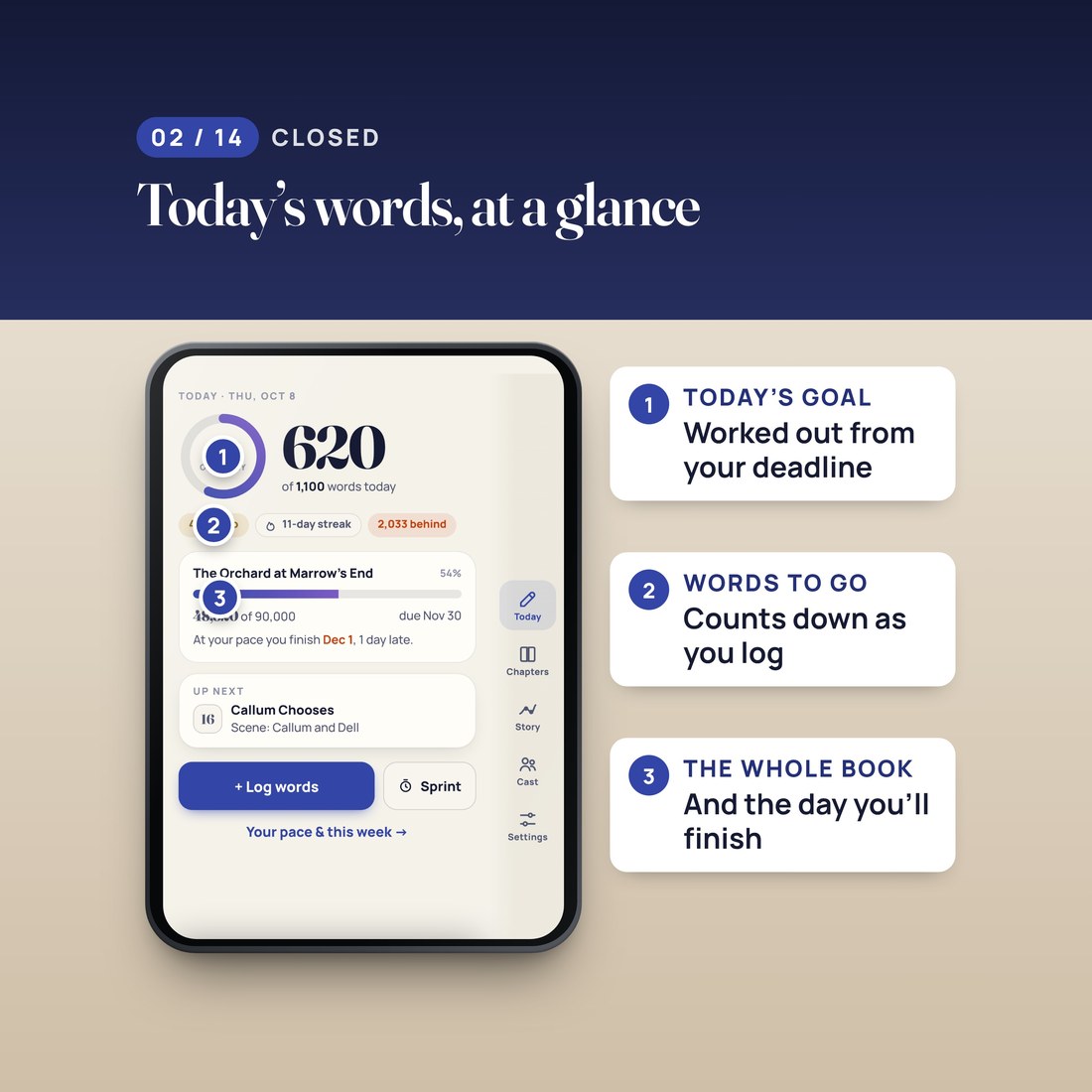 Closed screen: today's word goal worked out from your deadline, the words to go, and the whole book with the day you'll finish.
