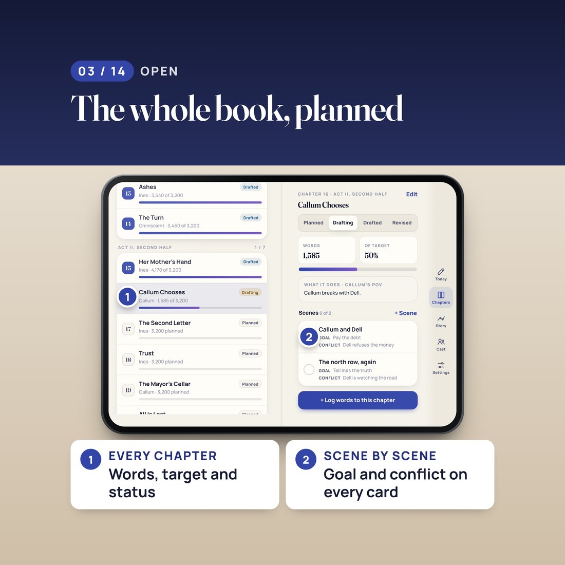 Open screen: the whole book planned on two pages. Every chapter with its words, target and status, and every scene with its goal and conflict.