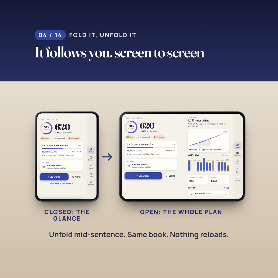 Fold it, unfold it: the same book on the closed screen and the open screen. Nothing reloads.