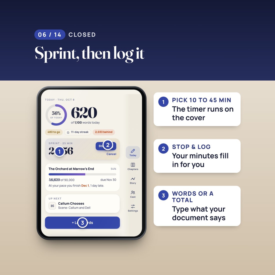 Sprint, then log it: pick a 10 to 45 minute sprint, the timer runs on the cover, then log the words you added or your new total.