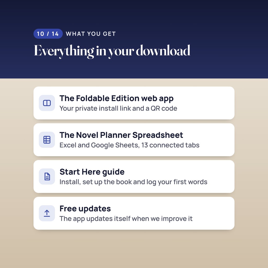 What you get: the Foldable Edition web app with your private install link and QR code, the Novel Author Planner spreadsheet for Excel and Google Sheets, a Start Here guide, and free updates.