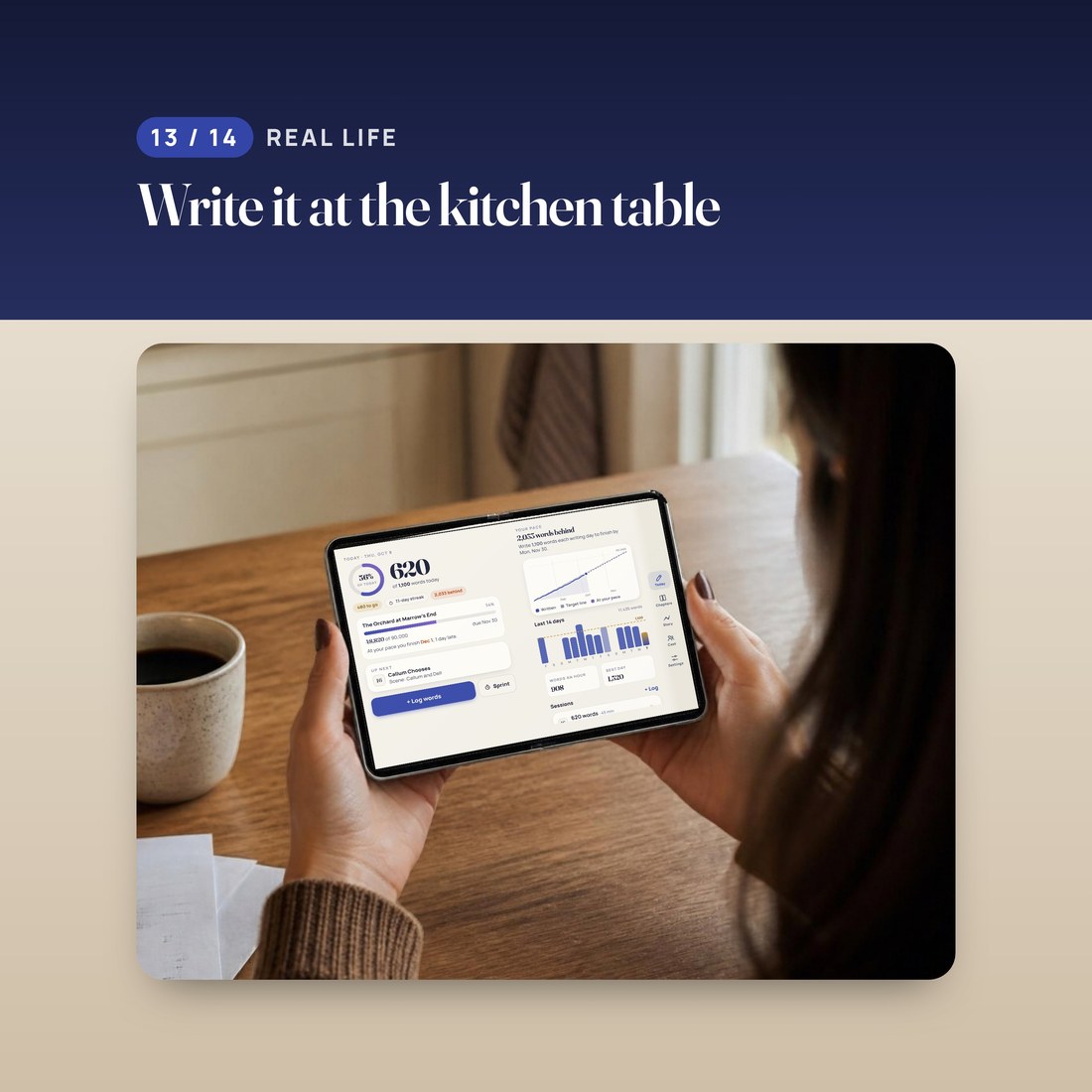 A person at a kitchen table holding an open foldable phone that shows the novel planner. AI-generated scene; the app screen is real.