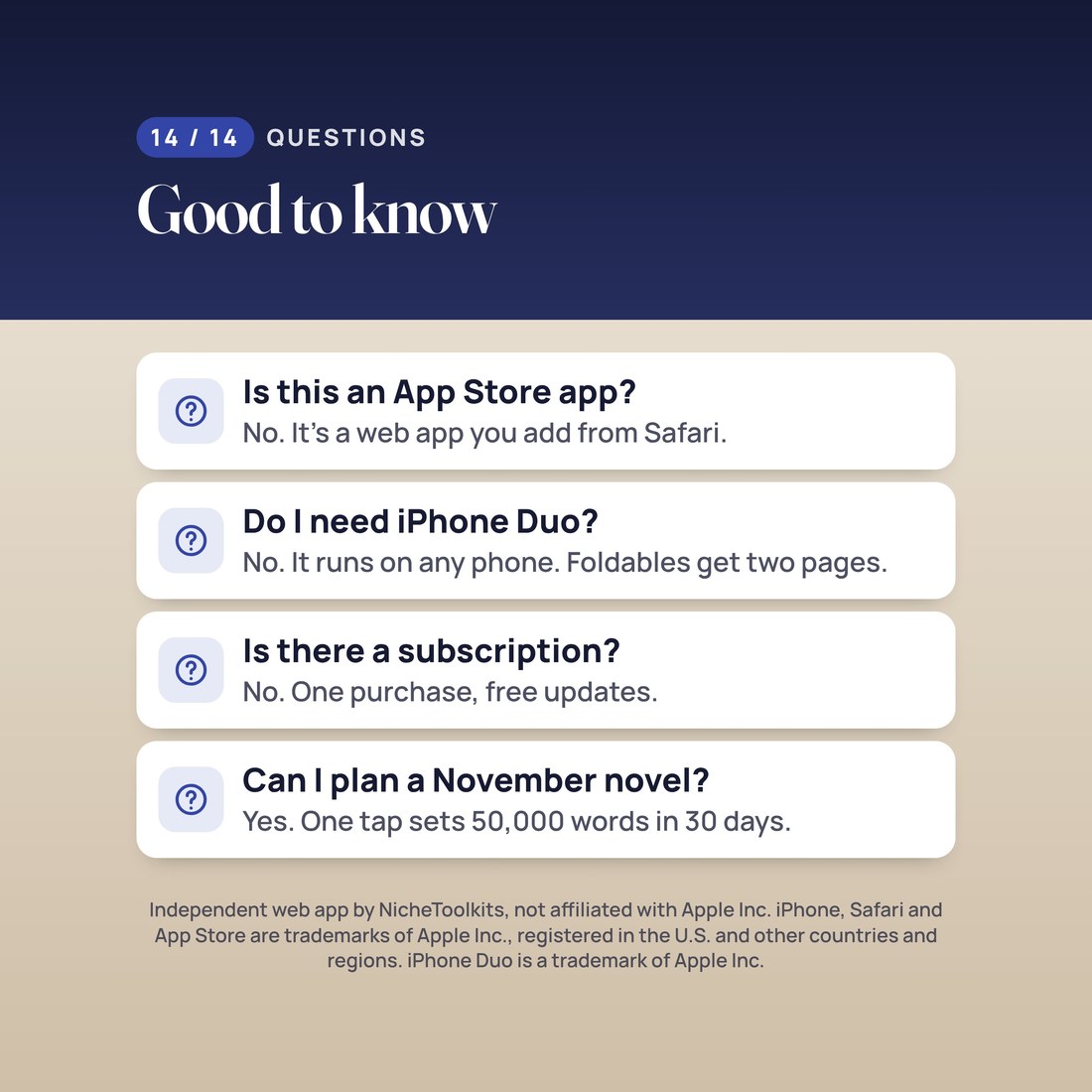 Questions: not an App Store app, it is a web app you add from Safari. Runs on any phone; foldables get two pages. No subscription. A November novel preset sets 50,000 words in 30 days.