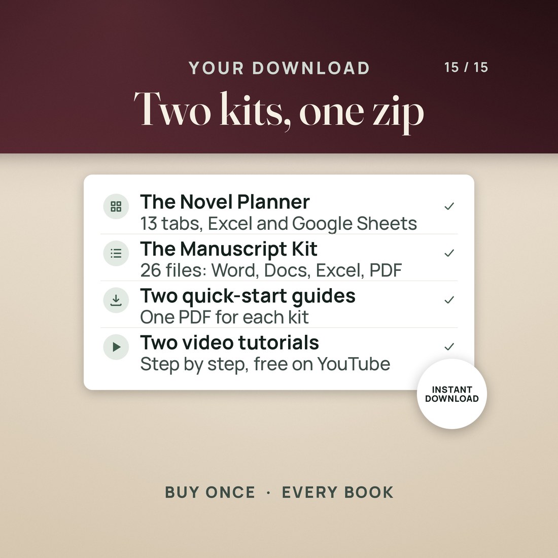 Your download: the Novel Planner with 13 tabs for Excel and Google Sheets, the Manuscript Kit with 26 files in Word, Google Docs, Excel and PDF, two quick-start guides and two video tutorials.
