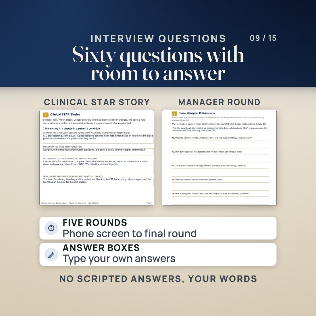 Nursing Interview Question Bank pages: a clinical STAR story with situation, task, action and result boxes, and the nurse manager round with answer boxes under each question. 60 questions across five rounds, phone screen to final round.
