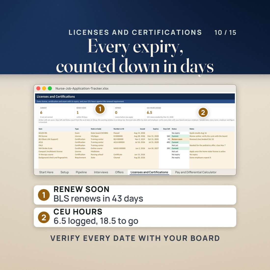 Licenses and Certifications tab: 6 current, 1 renewing soon, 0 expired, CEU hours 6.5 logged with 18.5 to go; the BLS row shows 43 days left and Renew soon, the RN license 560 days. Verify every date with your board.
