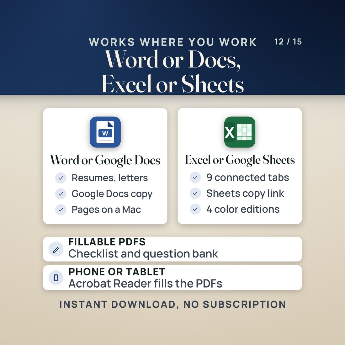 Works where you work: resumes and letters in Word or Google Docs (Pages on a Mac too), the tracker in Excel or Google Sheets with 9 connected tabs and 4 color editions.
