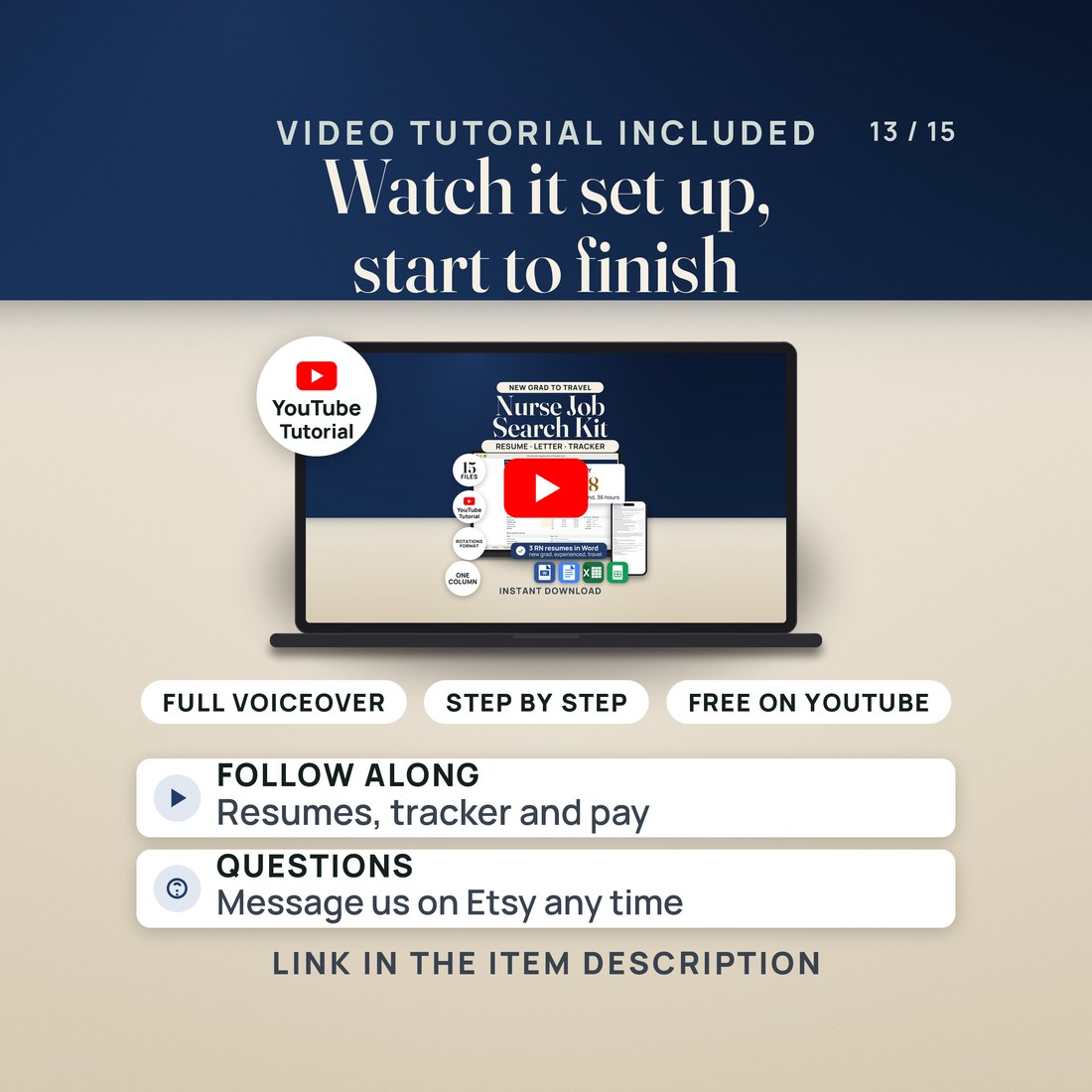 Video tutorial included: a laptop shows the tutorial thumbnail with a play button and a YouTube seal; pills read full voiceover, step by step, free on YouTube.