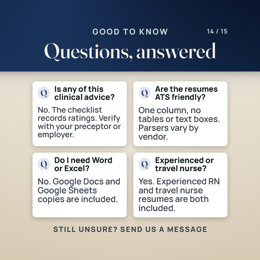 Questions answered: the kit is not clinical advice and the checklist records ratings to verify with a preceptor or employer; the resumes are one column with no tables or text boxes.