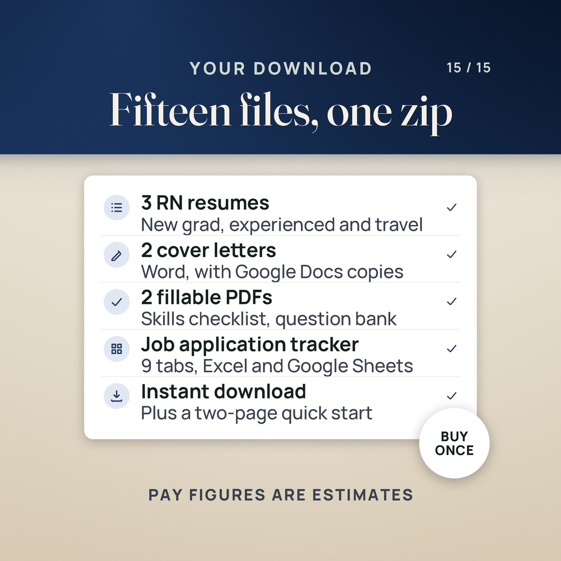 Your download, 15 files in one zip: 3 RN resumes (new grad, experienced, travel), 2 cover letters in Word with Google Docs copies, 2 fillable PDFs (skills checklist and question bank).
