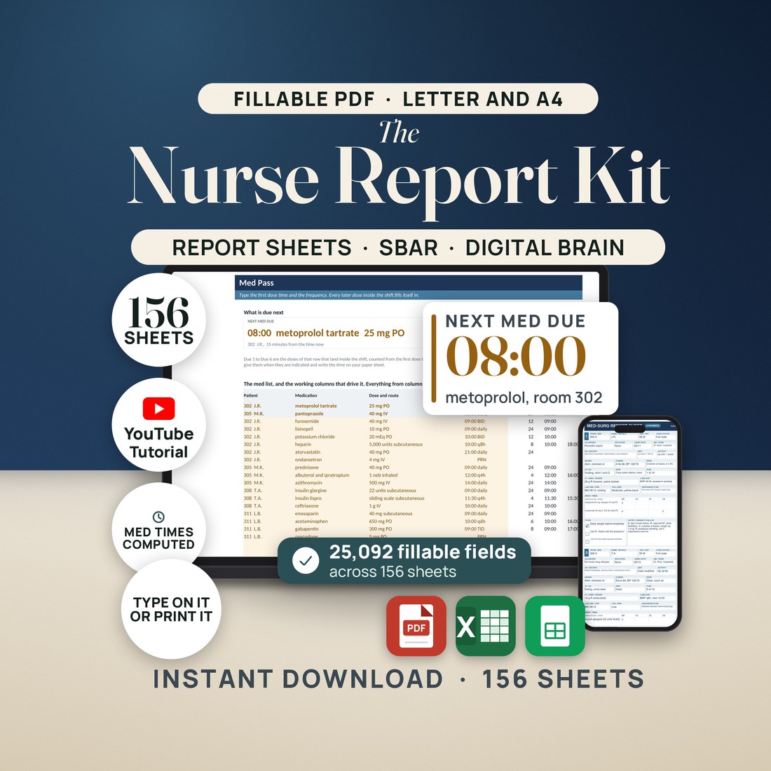 The Nurse Report Sheet Bundle on a laptop and tablet, with seals reading 156 fillable sheets and seven units.