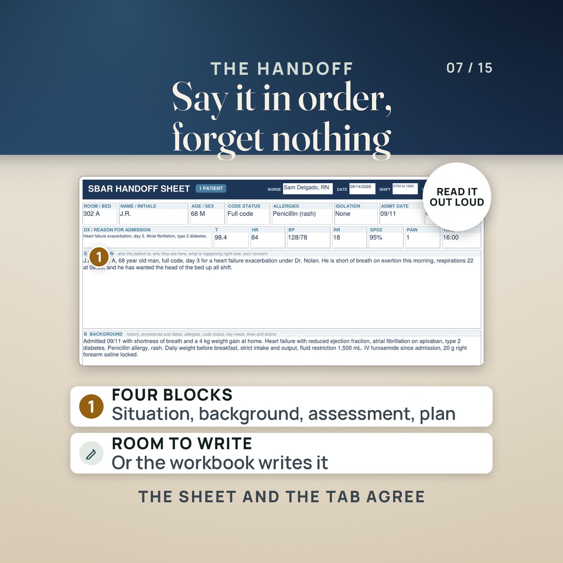 The SBAR handoff sheet, with situation, background, assessment and recommendation.