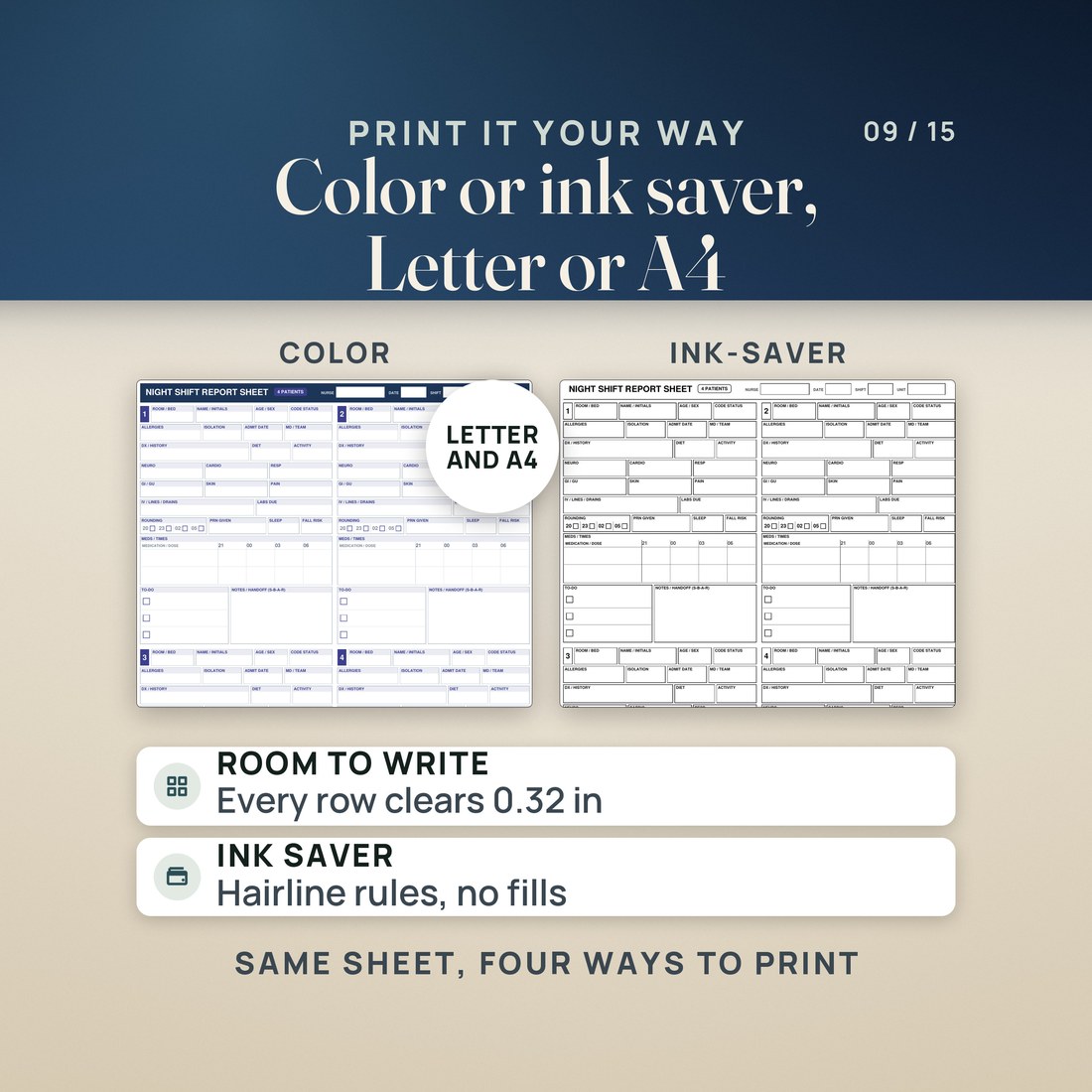 The same sheet in Color and in Ink-Saver, in US Letter and in A4.