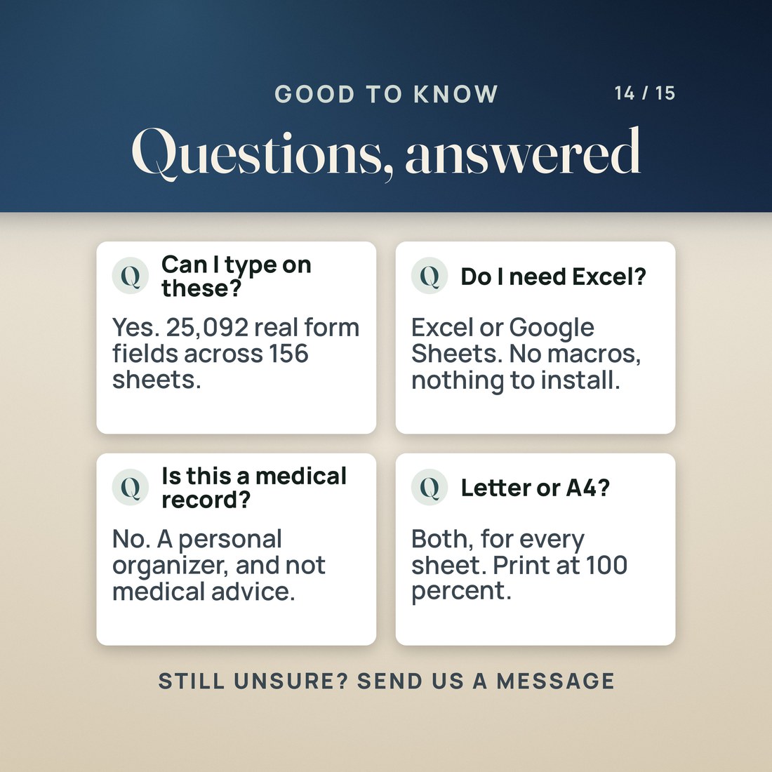 Questions answered about the format, whether the sheets are really typeable, printing and medical advice.