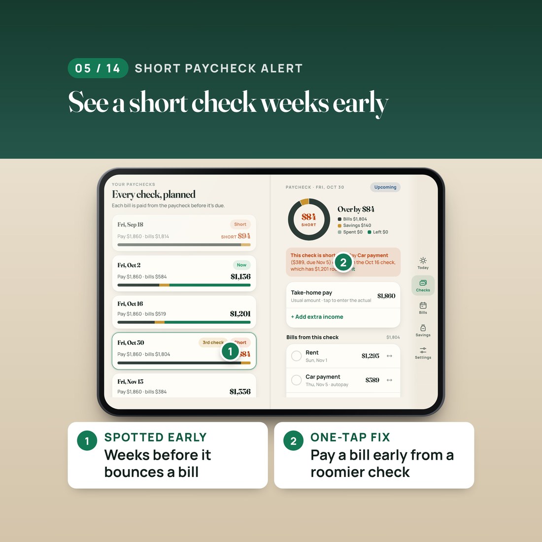 Short paycheck alert: a check that comes up short is spotted weeks early, with a one-tap fix that pays a bill early from a roomier check.